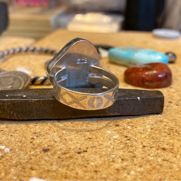 Handmade Ring Stamped Sterling Silver Silicated Chrysocolla/Malachite gem silica - Picture 4 of 9